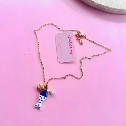 Polka Dot Fishy Necklace - Blue