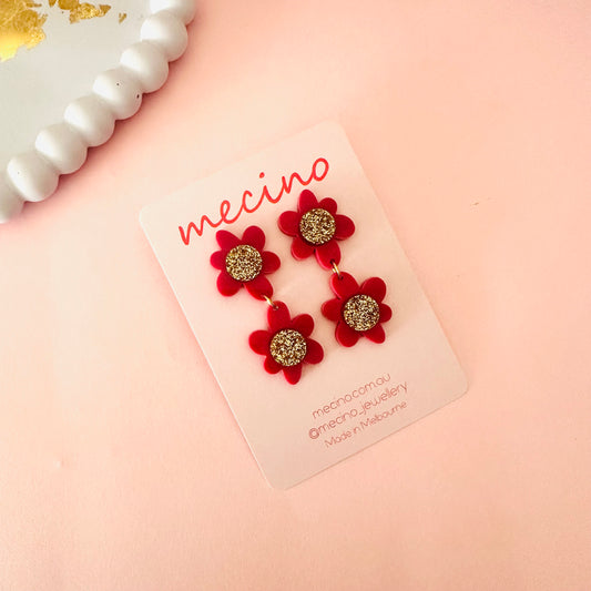 Burgundy Sparkly Blossom Dangles -