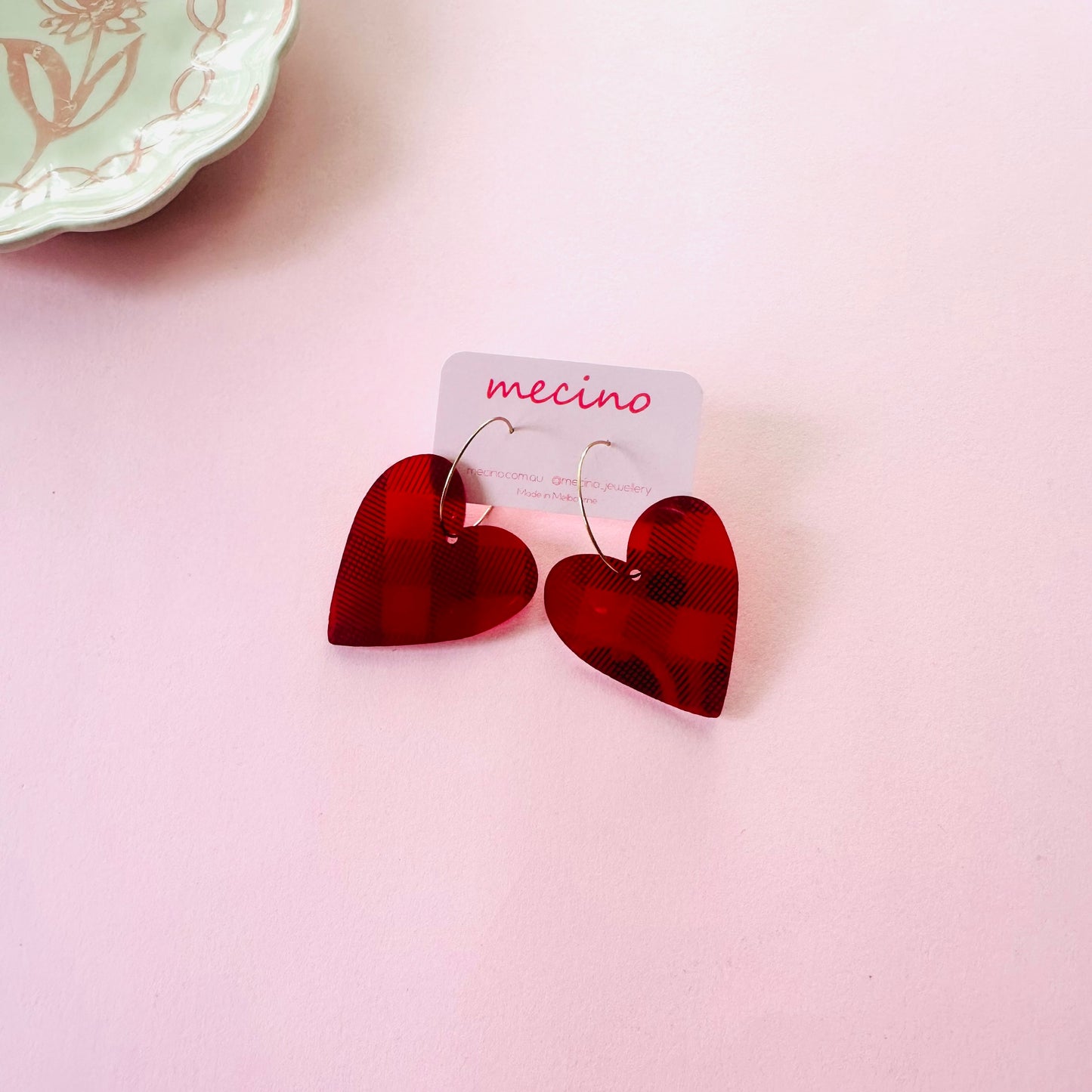 Red Gingham Hearts - Gold Hoops